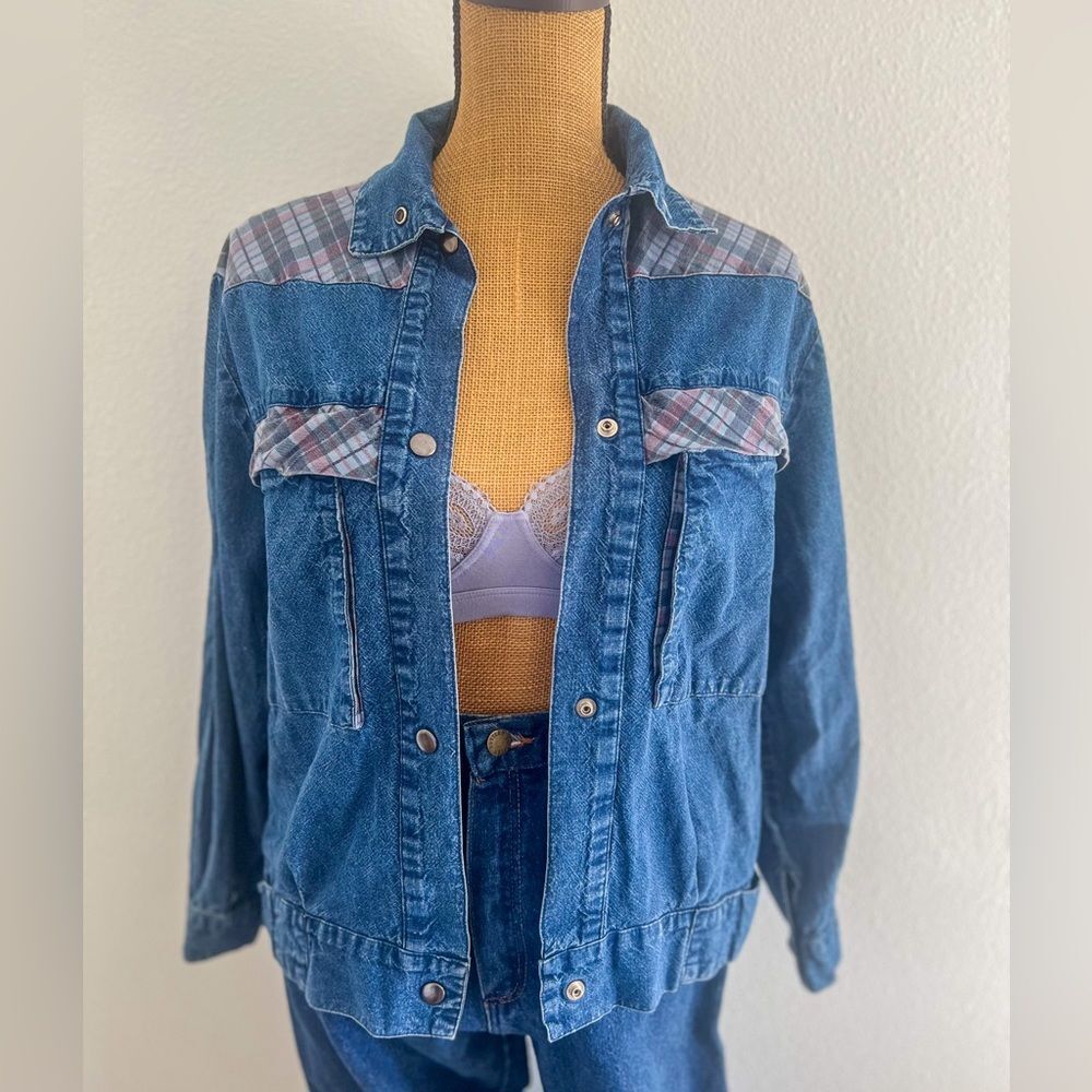80s Vintage Pacific Express Denim Plaid Patchwork Jacket 100% Cotton